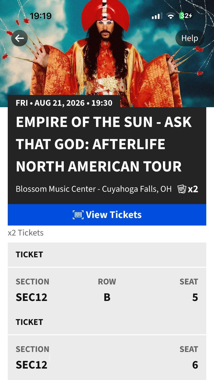 Mobile ticket for Empire of the Sun at Blossom Music Center on August 21, 2026, section SEC12, row B, seats 5 and 6.